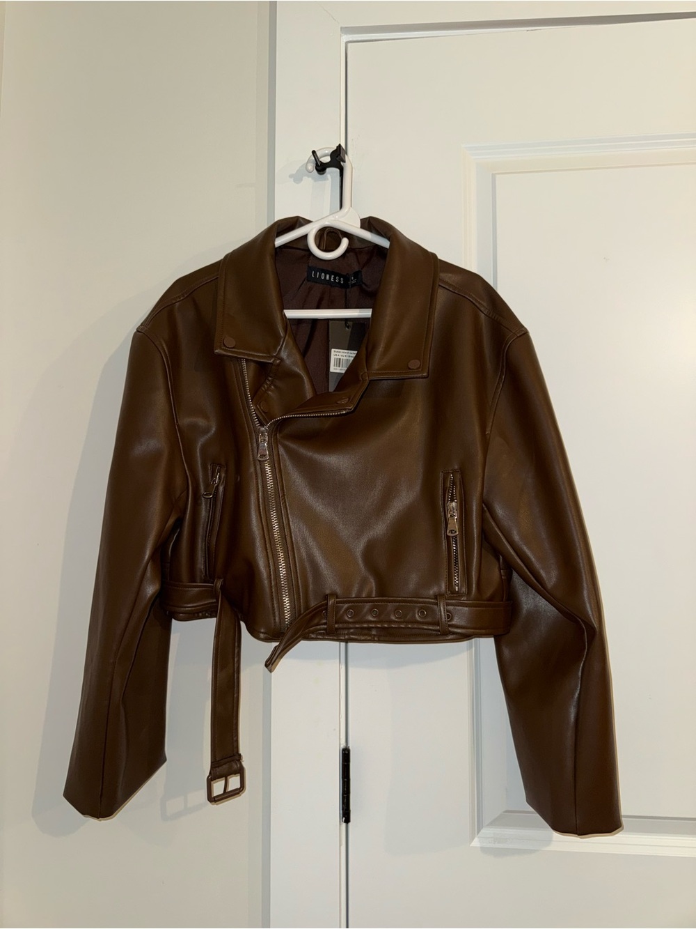 Lioness Chocolate Brown Faux Leather Cropped Moto Jacket